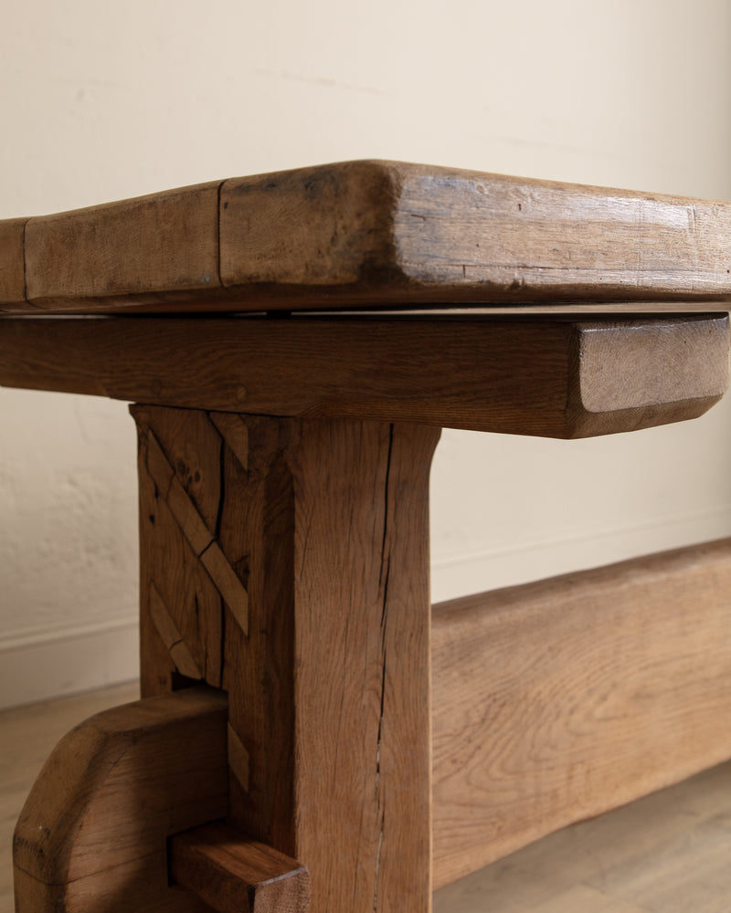 Monumental Raw Oak Brutalist Mortis & Tenon Dining Table, Europe, 1950's