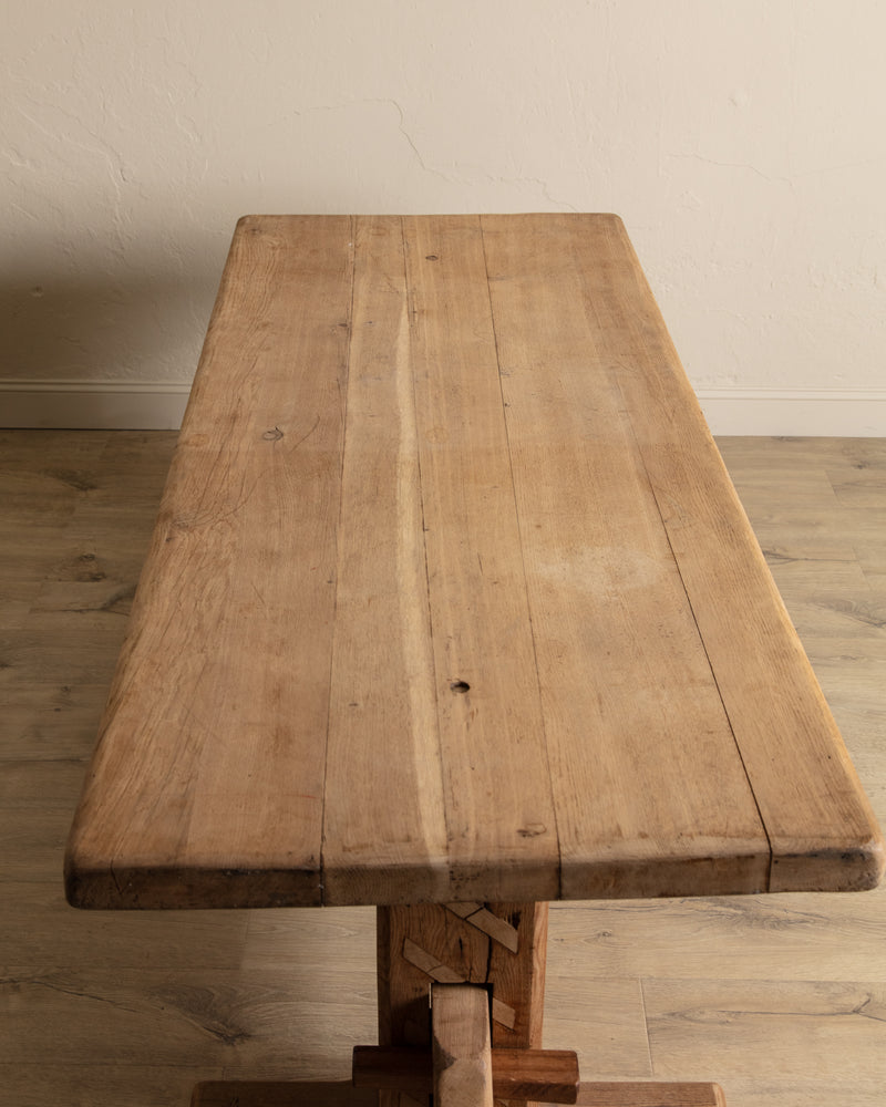 Monumental Raw Oak Brutalist Mortis & Tenon Dining Table, Europe, 1950's