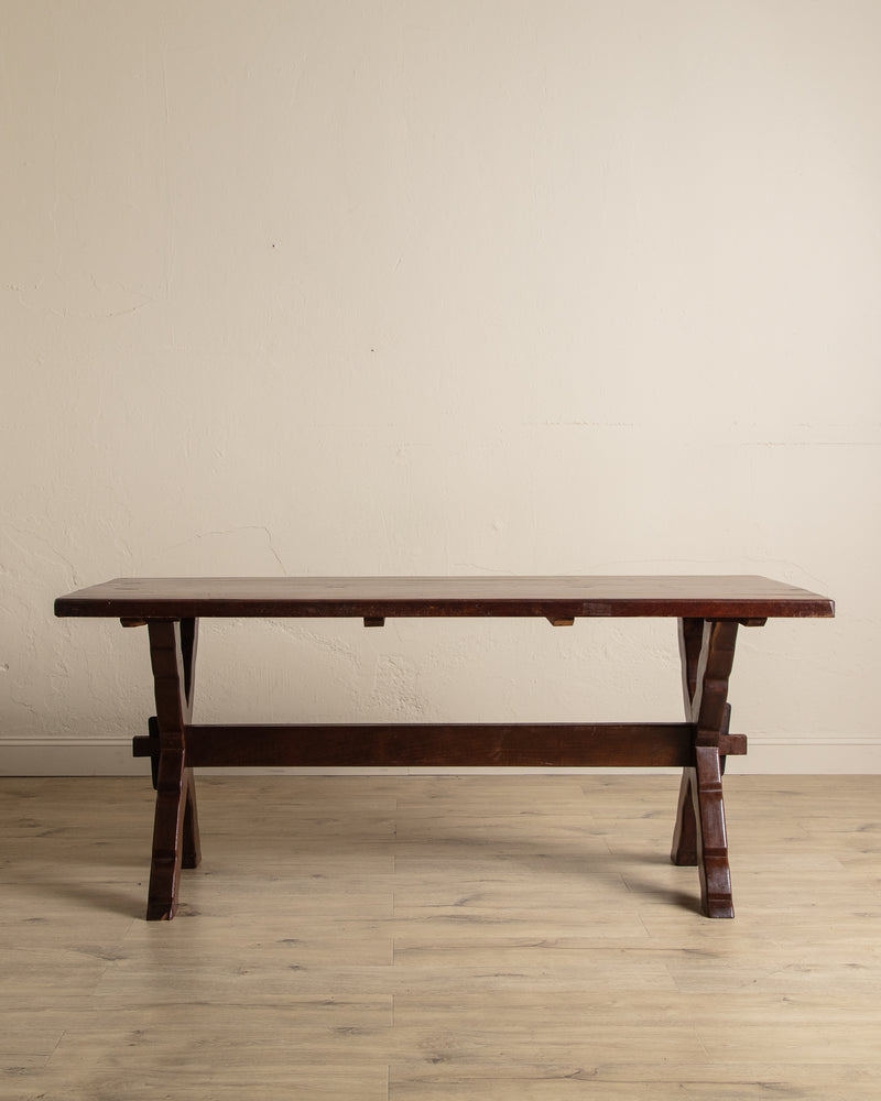 Rustic Brazilian Carved Mortis & Tenon Table + Pair of Benches, 1950's