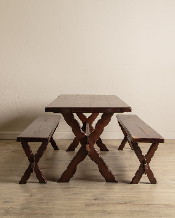 Rustic Brazilian Carved Mortis & Tenon Table + Pair of Benches, 1950's