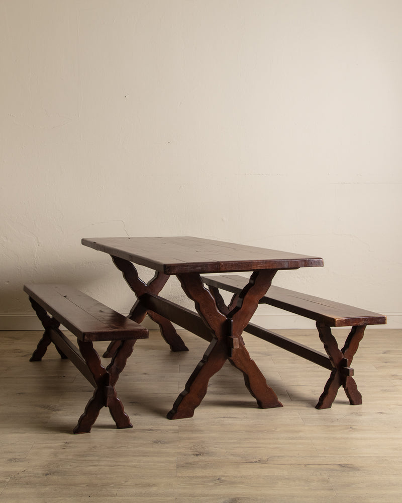 Rustic Brazilian Carved Mortis & Tenon Table + Pair of Benches, 1950's