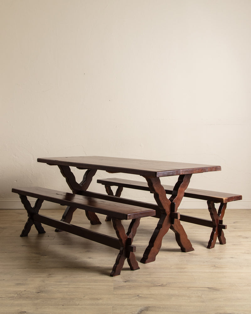 Rustic Brazilian Carved Mortis & Tenon Table + Pair of Benches, 1950's
