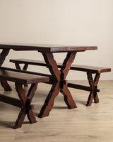Rustic Brazilian Carved Mortis & Tenon Table + Pair of Benches, 1950's