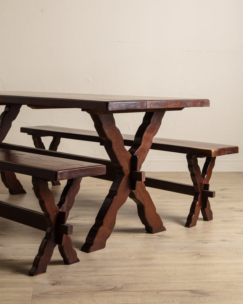 Rustic Brazilian Carved Mortis & Tenon Table + Pair of Benches, 1950's