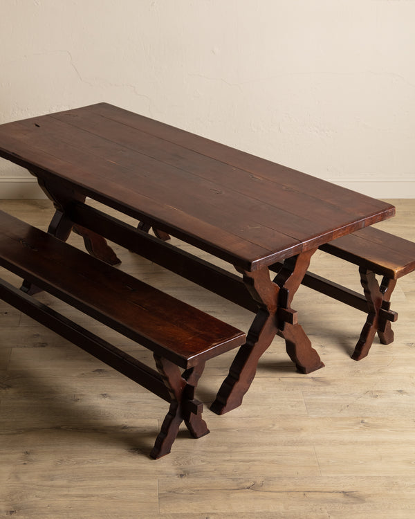 Rustic Brazilian Carved Mortis & Tenon Table + Pair of Benches, 1950's