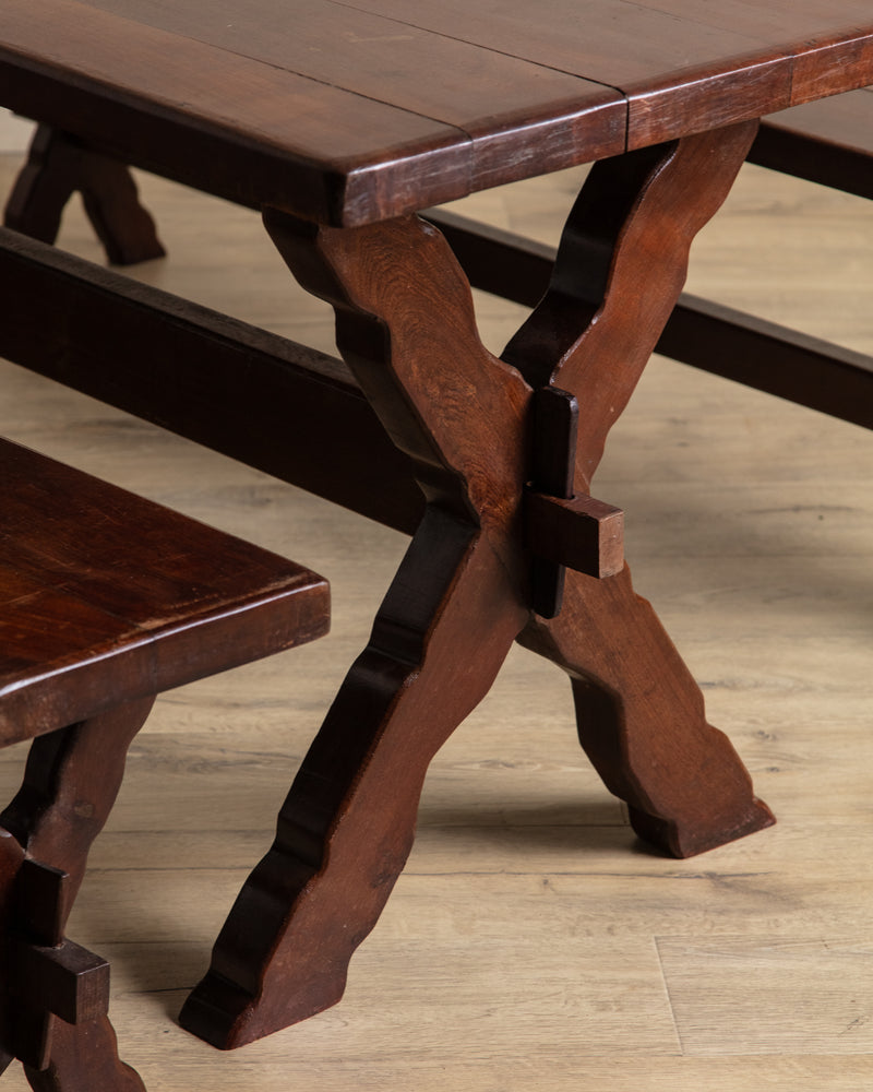 Rustic Brazilian Carved Mortis & Tenon Table + Pair of Benches, 1950's