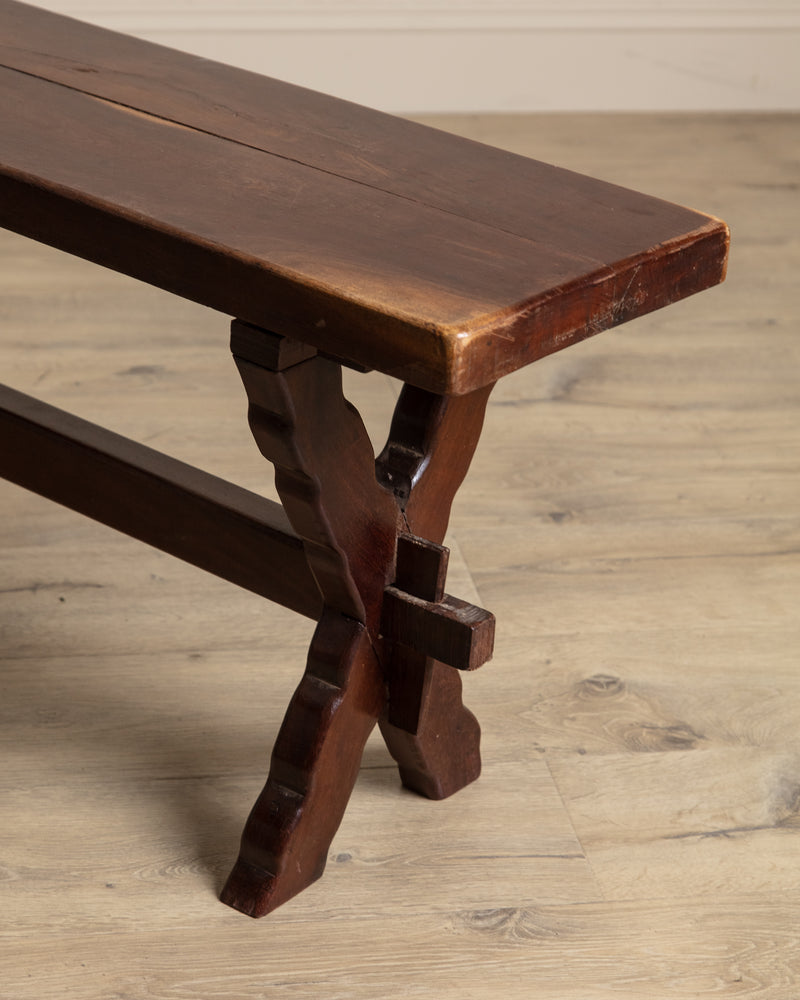 Rustic Brazilian Carved Mortis & Tenon Table + Pair of Benches, 1950's