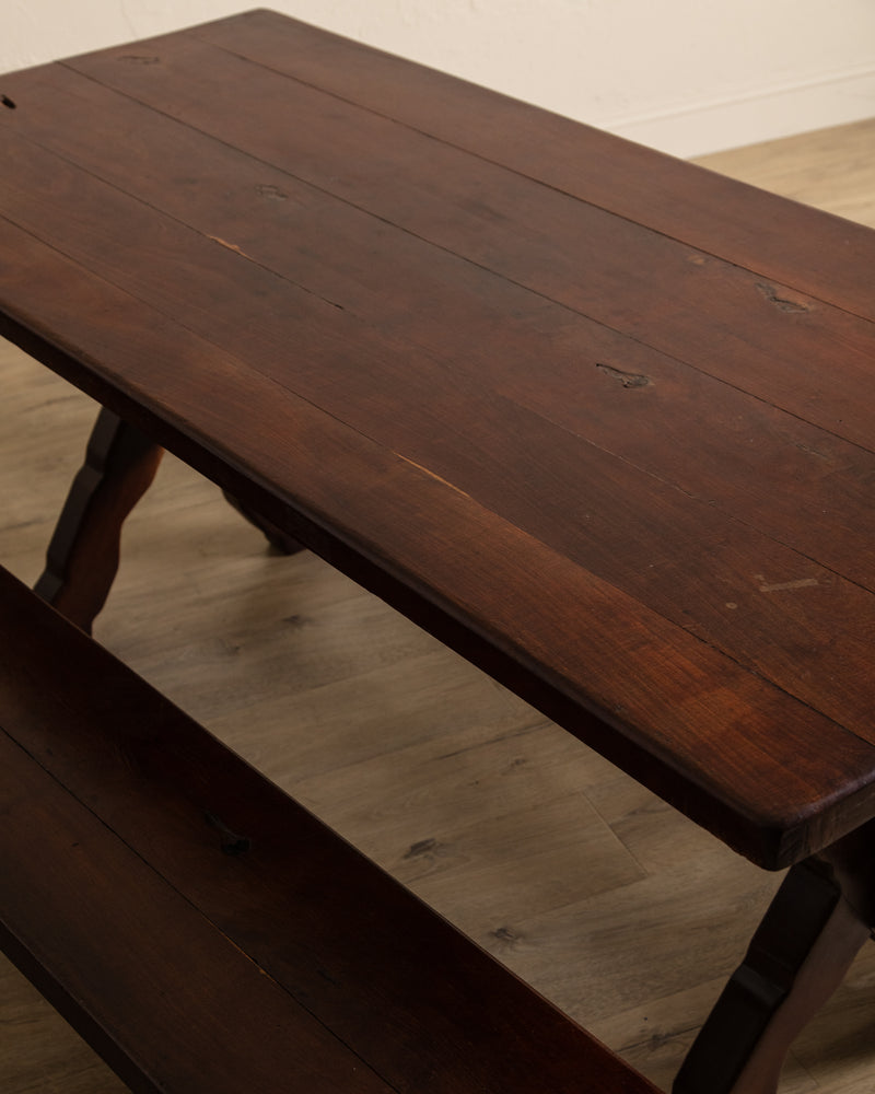 Rustic Brazilian Carved Mortis & Tenon Table + Pair of Benches, 1950's
