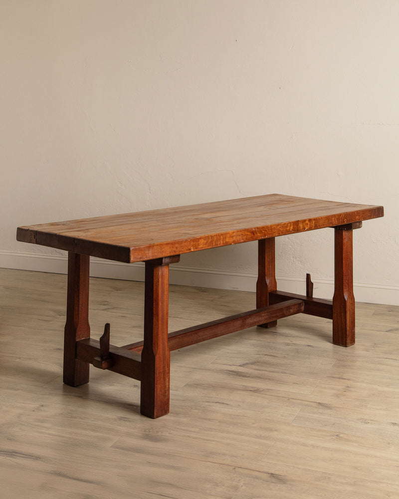 Brutalist Solid Oak Mortis & Tenon Dining Table, France, 1945