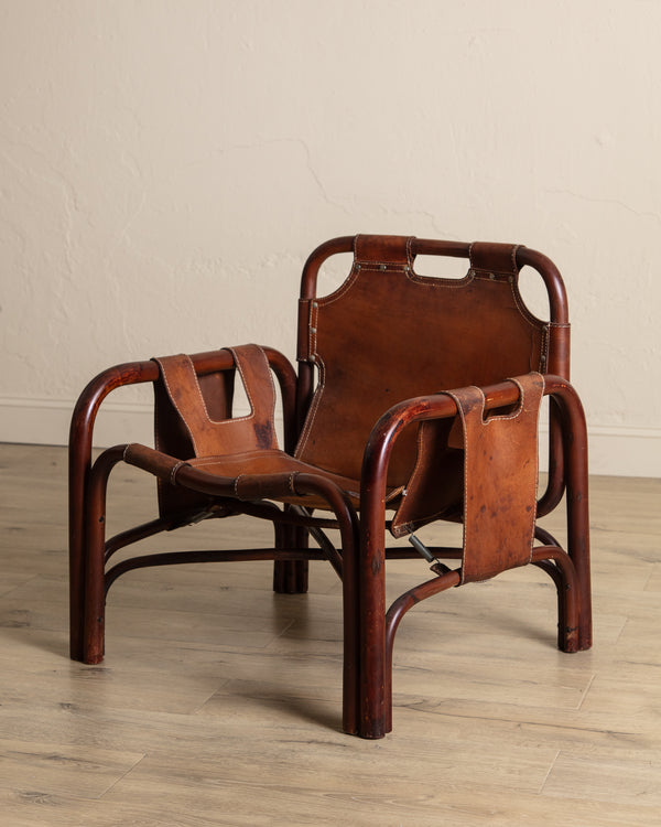Leather & Rattan Safari Armchair by Tito Agnoli for Bonacina, Italy, 1970's
