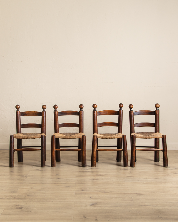 Set of 4 Wood & Rush Chairs by Charles Dudouyt, France, 1960's