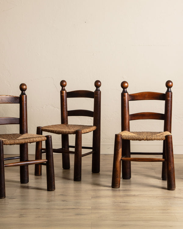 Set of 4 Wood & Rush Chairs by Charles Dudouyt, France, 1960's
