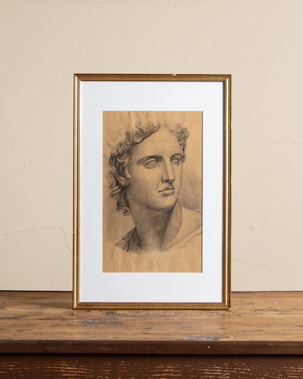Pencil Drawing of Grecian Bust in Simple Gilt Frame