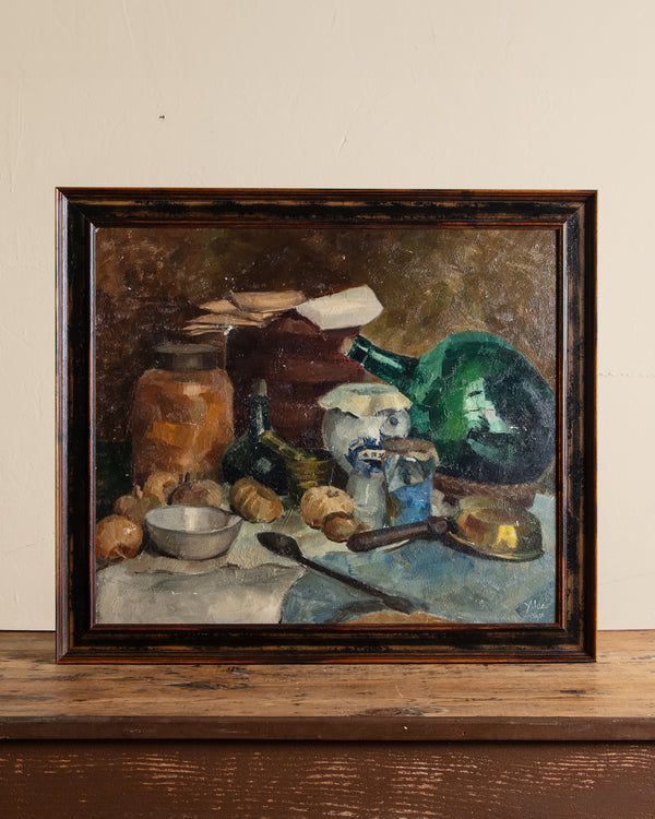 Belgian Still Life w/ Glass Bottle Oil Painting by Yolande Ide, 1950's