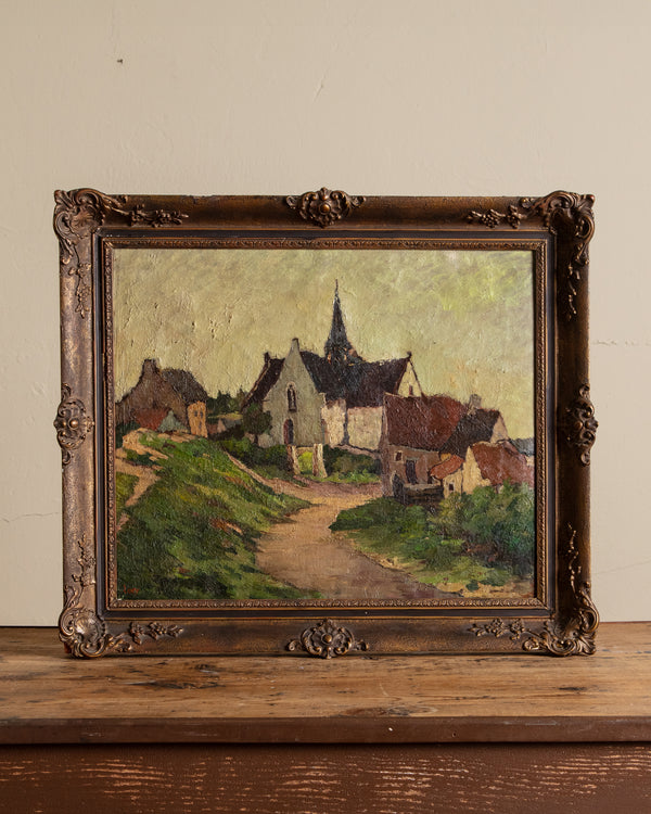French Village Landscape Oil Painting by Gustave Lesy, 1930's