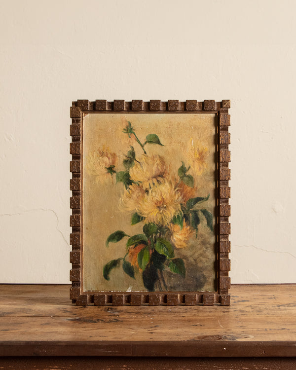 Yellow Mums Oil Painting in Gold Cubist Frame