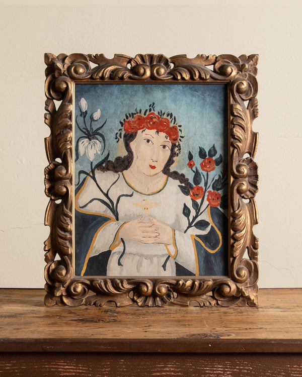 Folk Art Style Woman w/ Dove Oil Painting