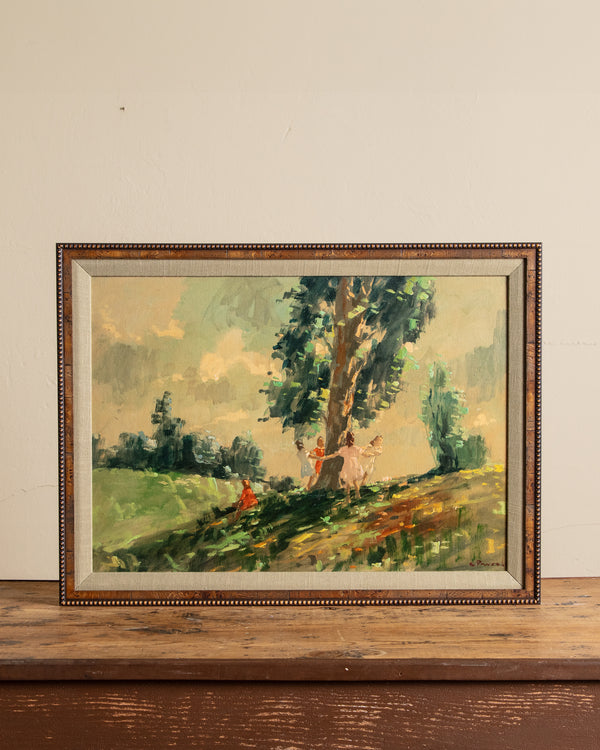Landscape w/ Children Playing Oil Painting in Custom Frame, Signed