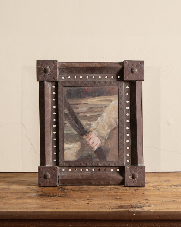 Figural Hand Painting in Unique Copper Frame