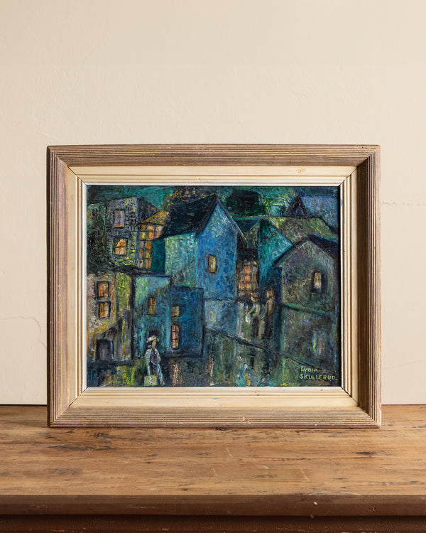 Cubist Nighttime Neighborhood Oil Painting by Lydia Skullerud