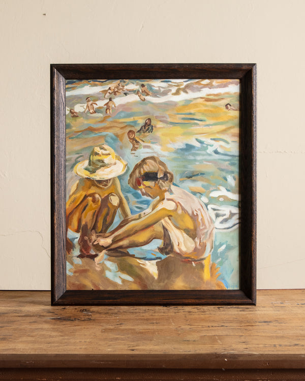"At the Beach" Oil Painting in Dark Oak Frame