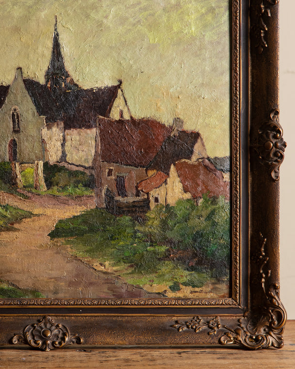 French Village Landscape Oil Painting by Gustave Lesy, 1930's