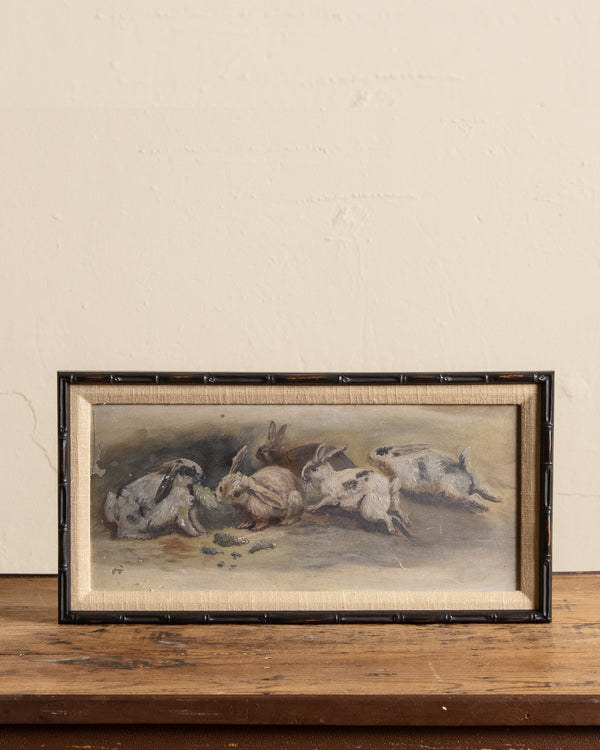 A Grouping of Bunnies Oil Painting in Black Bamboo Frame