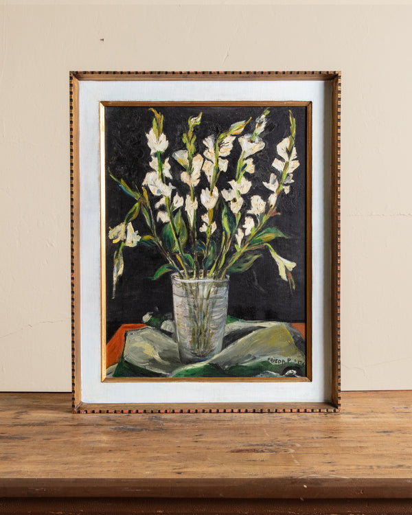 Floral Still Life Oil Painting in Notched Frame by Freida, 1965