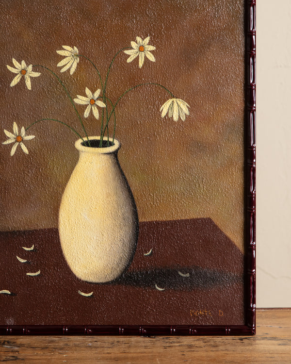 Simplistic Florals Oil Painting by Monte D in Lacquered Bamboo Frame