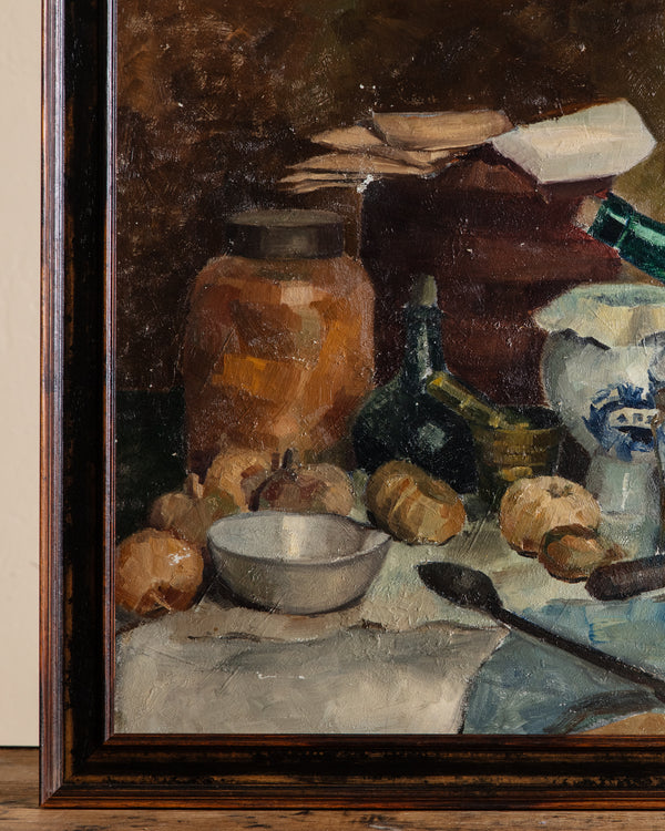 Belgian Still Life w/ Glass Bottle Oil Painting by Yolande Ide, 1950's