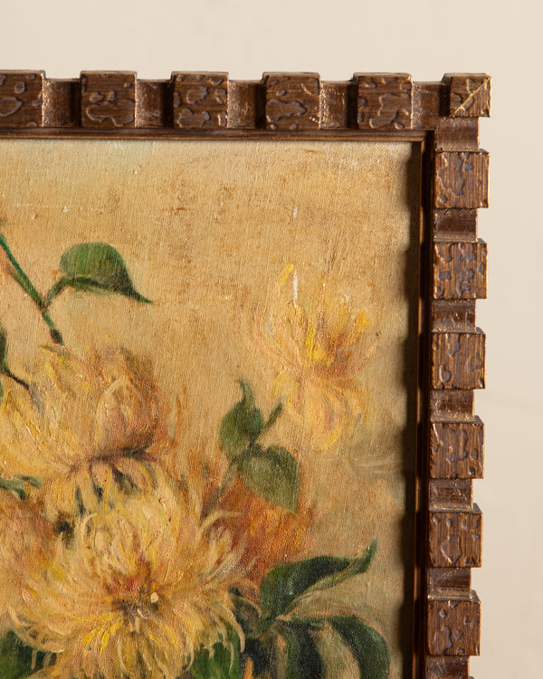 Yellow Mums Oil Painting in Gold Cubist Frame