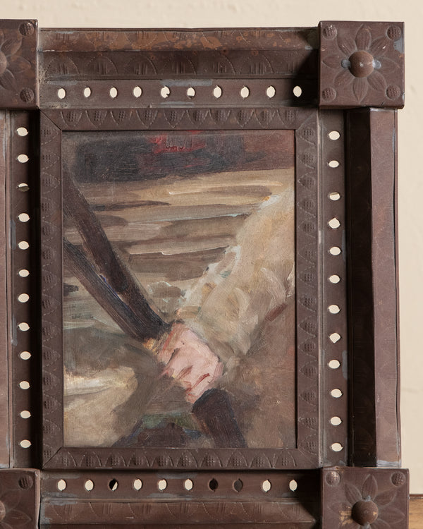 Figural Hand Painting in Unique Copper Frame
