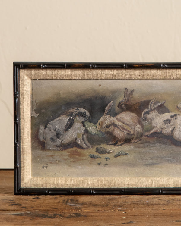 A Grouping of Bunnies Oil Painting in Black Bamboo Frame