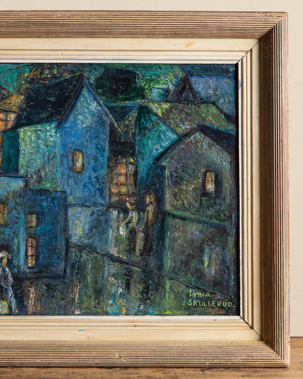 Cubist Nighttime Neighborhood Oil Painting by Lydia Skullerud
