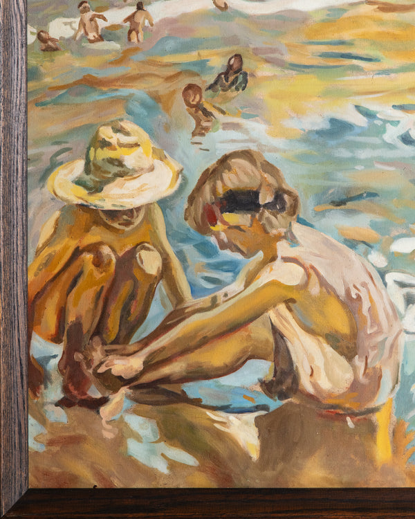 "At the Beach" Oil Painting in Dark Oak Frame
