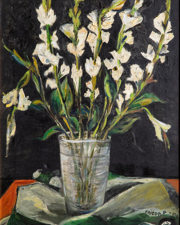 Floral Still Life Oil Painting in Notched Frame by Freida, 1965