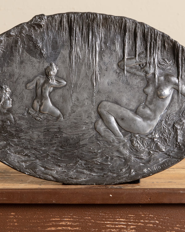 "Naiads in the bath" Bas-relief Pewter Plaque, France, 1880's