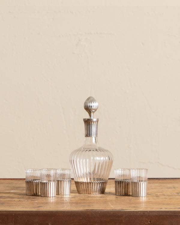 .950 Silver & Glass Decanter w/ 5 Glasses, France, 1920's