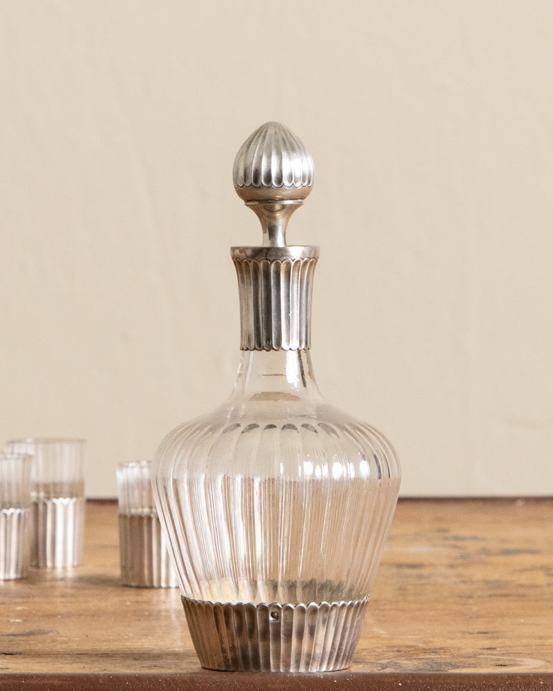 .950 Silver & Glass Decanter w/ 5 Glasses, France, 1920's