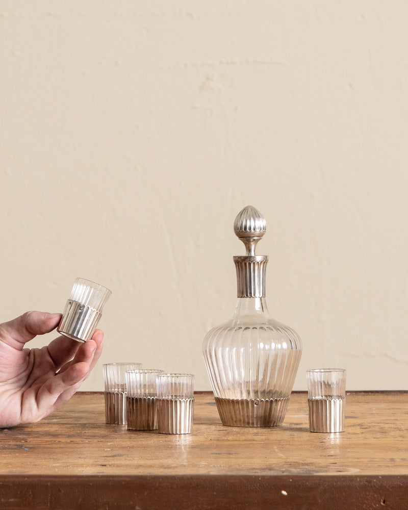 .950 Silver & Glass Decanter w/ 5 Glasses, France, 1920's