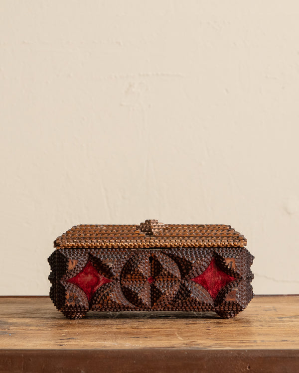 Tramp Art Lidded Velvet Box, 19th Century