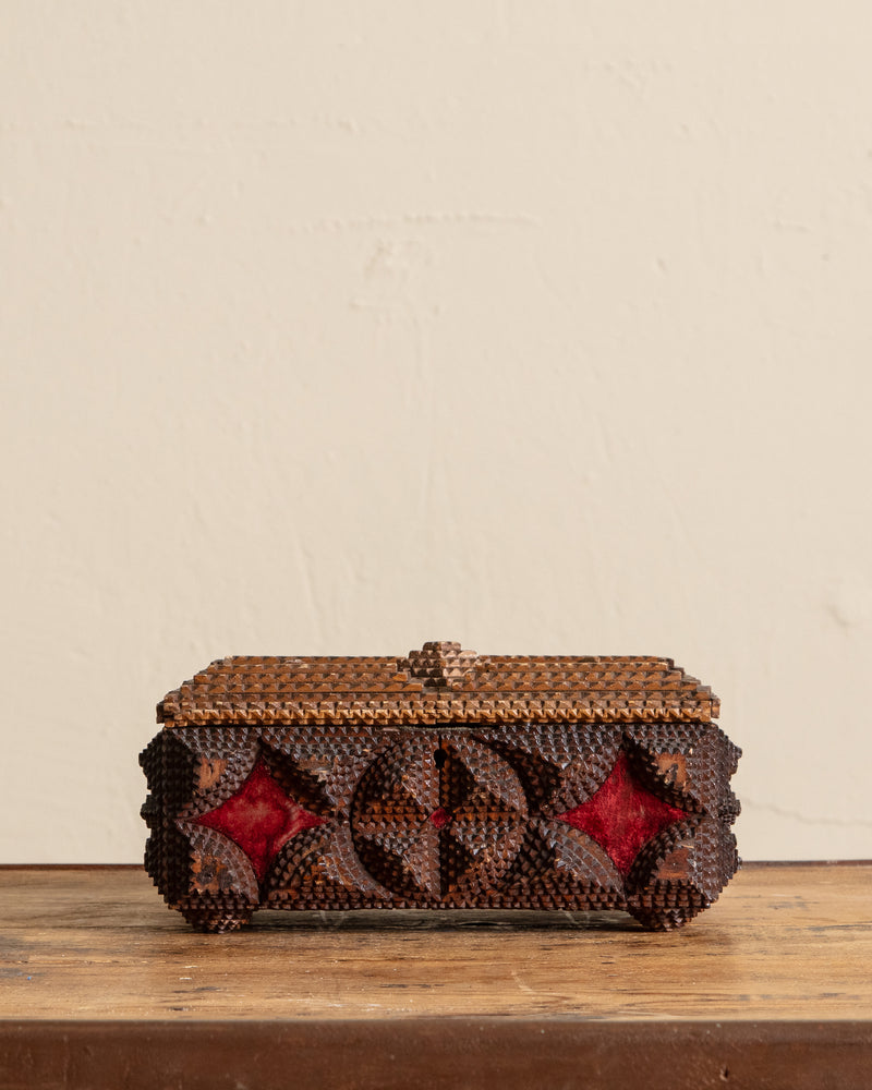 Tramp Art Lidded Velvet Box, 19th Century