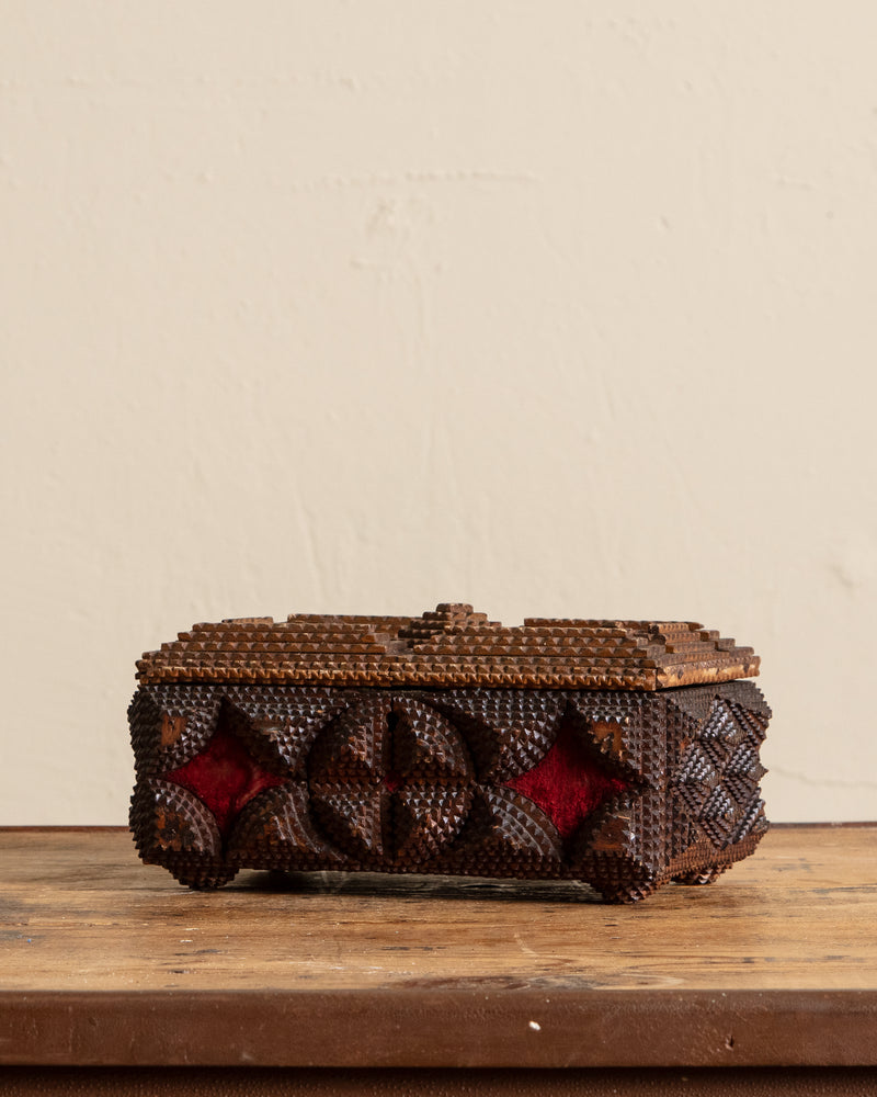 Tramp Art Lidded Velvet Box, 19th Century