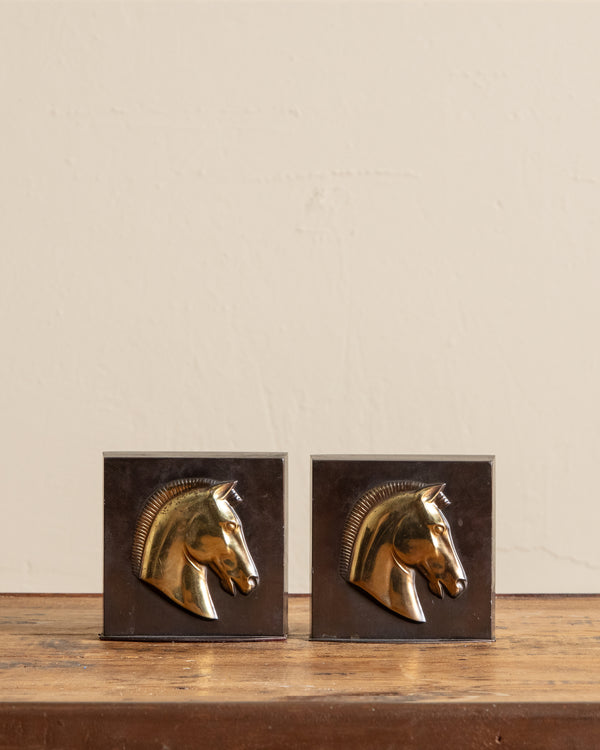 Art Deco Squared Brass Horse Bookends (Set of 2)
