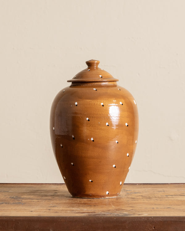 Large Ochre Dotted Studio Pottery Lidded Jar