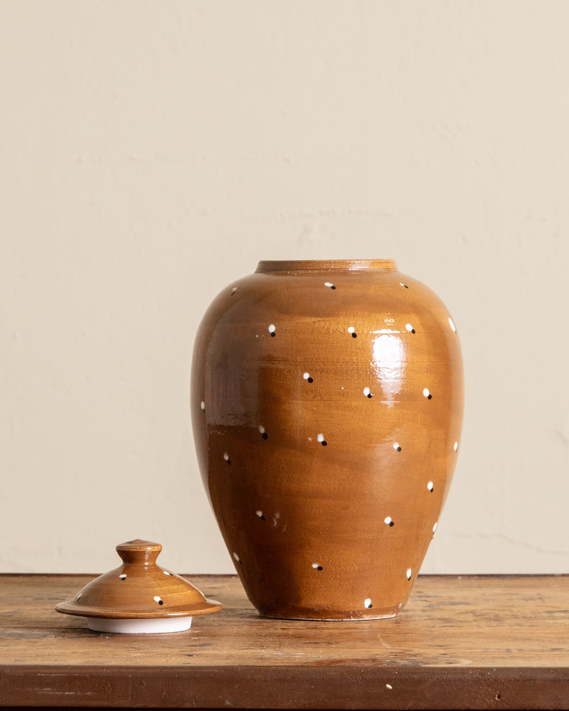 Large Ochre Dotted Studio Pottery Lidded Jar