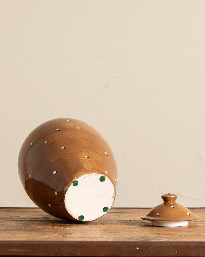 Large Ochre Dotted Studio Pottery Lidded Jar