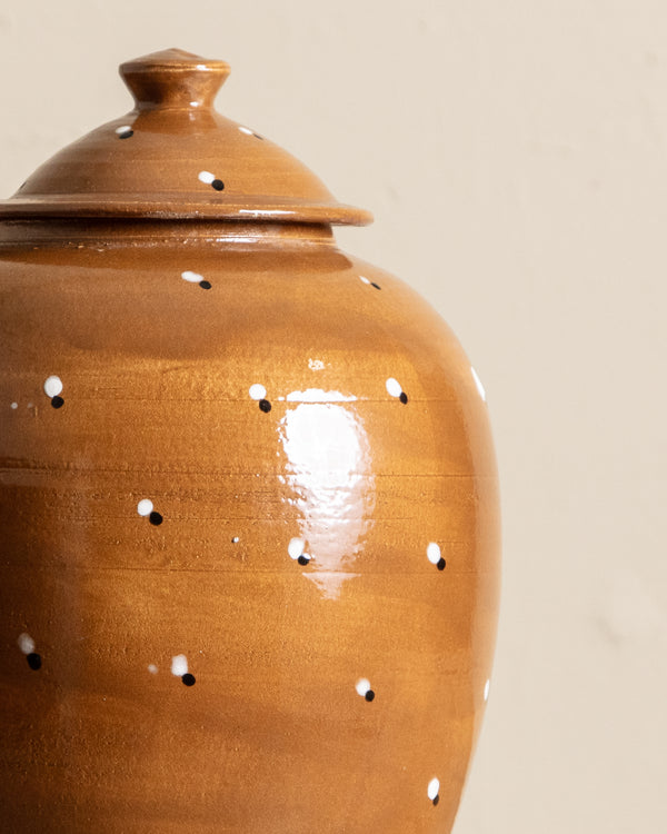 Large Ochre Dotted Studio Pottery Lidded Jar