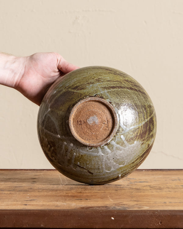 Large Green/Brown Studio Bowl, Signed