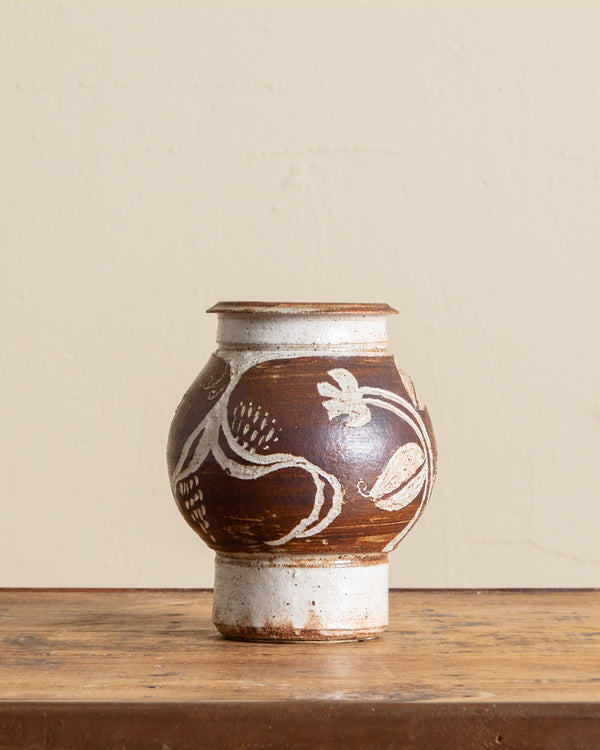 Brown/Cream Floral Etched Studio Vase, Signed